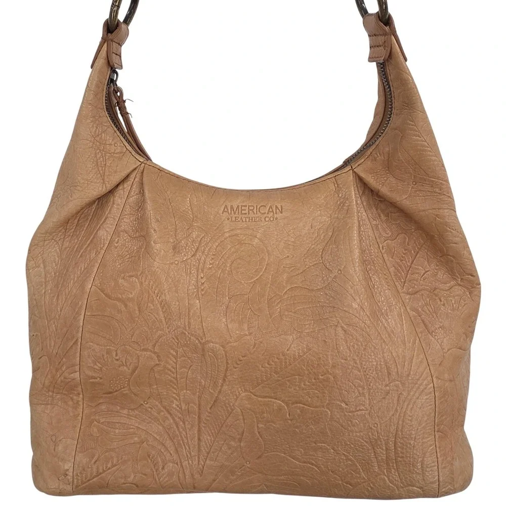 American Leather Co Hobo Bag Large Tan‎ Floral Embossed Leather Purse Slouchy